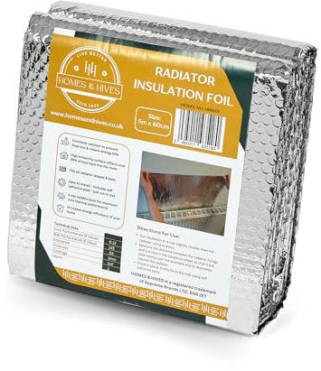 Homes and Hives - Rotolo di pellicola riflettente per termosifoni, 5 m x 60 cm, spessore 3 mm, riduce la perdita di calore, consente di risparmiare energia e denaro, pannelli isolanti deflettori di