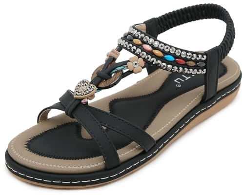 Meik Mangni Flache Sandalen Damen Sommer Bohemia Freizeit Sandals mit Strass Frauen T-Riemen Rutschfeste Strandsandaletten,Schwarz,Gr:38 EU