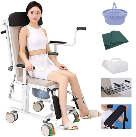 Generic Multifunktions-Rollstuhl-Patienten-Hebehilfe,Nachttisch-Toiletten-Transportstuhl,Behinderten- und Altenpflege,360° leiser Universal-Duschstuhl mit Rollen,180° flacher Patientenlifter