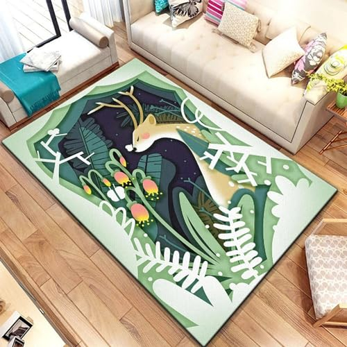 3D Gedruckt Bettvorleger Rutschfeste Area Teppich, Elch Waldtier Hirsch Cartoon-Zeichnung 3D Optische Illusion Teppiche Weich Flanell Bodenteppich Wohnzimmer Schlafzimmer Throw Runner Teppiche -7M3M3S