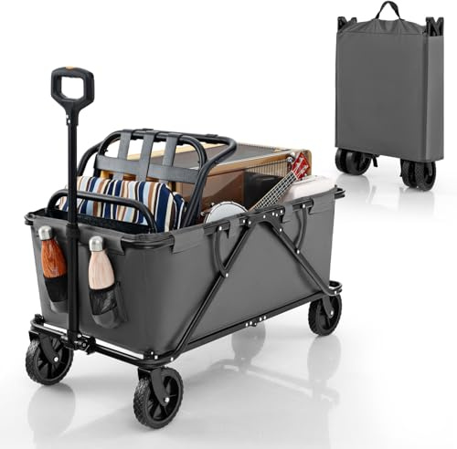 COSTWAY Carrello da Spiaggia Pieghevole 170 L, Carrello con Ruote Portatutto con Maniglia Regolabile e 360° Ruote, Portabottiglie e Tasca Portaoggetti, Carretto Giardino per Campeggio (Grigio)