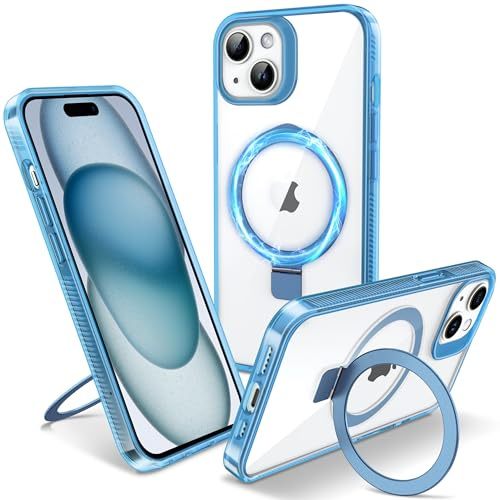 Flyzoo Magnetic Kickstand Case for iPhone 15, [Compatible with MagSafe & Invisible Ring Stand Holder] [Non-Yellowing & Shockproof] Clear Transparent Hard Silicone Edge Cover, 6.1'', Clear Blue