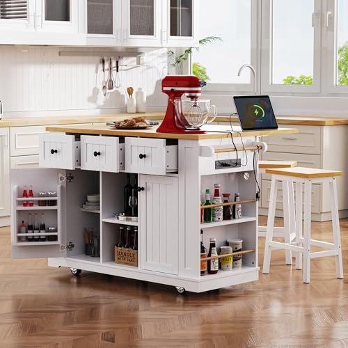 Merax 53 Kitchen Cart Island on Wheels with Power Outlet,Drop Leaf,3 Drawers and 5 Open Side Racks,Wood Storage Cabinet