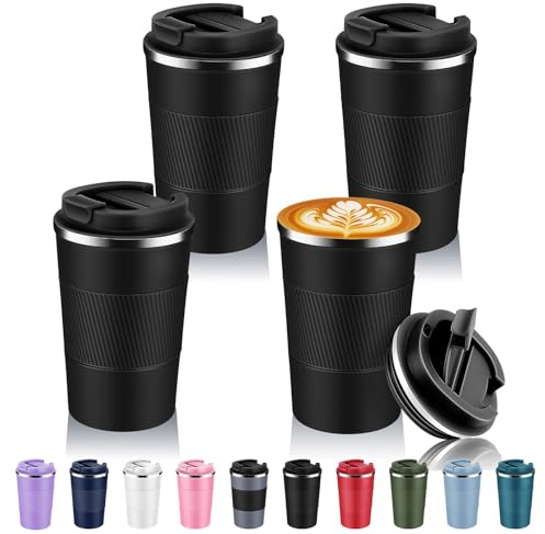 Volhoply Resekaffemugg, rostfritt stål, isolerad, flip-lock, återanvändbar, dubbelvägg, vakuum, kaffekopp, bärbar, läckagesäker, tumlare, varm och kall dryck, 385 ml (13 uns), svart, 4-pack