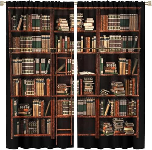 Kinder Verdunkelungsvorhänge Bücherregal Im Retro-Stil 3D Polyester Ösen Vorhang, Für Wohnzimmer Schlafzimmer Blickdicht Schallschutzvorhänge 2Er Set 300 (B) X 280 (H) cm - Jungen Und M 9426352173987