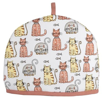 SPOTTED DOG GIFT COMPANY Tea Cosy, Cotton Teapot Warmer with Happy Cats Design, Insulated Cover for Small Medium or Large Tea Pots 27cm x 33cm