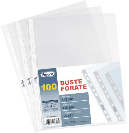 Favorit Buste Trasparenti con fori, 100 Pezzi, Finitura Liscia, Formato Interno 22 x 30 cm
