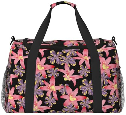 Sac de voyage en toile pour voyage, lys violets roses, fleurs, week-end, sac en toile pour la nuit, sac de transport pour femmes et hommes, sac de voyage pour objets personnels