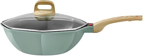 ASumPio Wok, Wok Antiadhésif avec Couvercle Transparent pour Casserole, Vert, Octogonal, Cuisinière À Induction, Ustensiles De Cuisine, Wok Ménager,