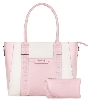 MOSISO Laptop Tragetasche Damen, 15,6 Zoll PU Leder Laptoptasche | Computer Aktentasche Umhängetasche mit Doppelt Webstreifen & Clutch Geldbörse für Business Büro, Rosa