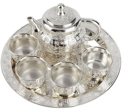 Vvikizy Vintage Teapot Set, Turkish Tea Set Smoother Lines Coffee Pot Exquisite Carvings Tea Pot Luxurious Zinc Alloy Tea Set with Tray for Family