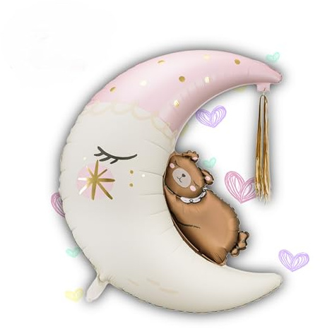 Folienballon Mond mit Bär 71x86cm XXL Ballon für Helium oder Luft-Ballon Teddybär Folienluftballon als Geburtstagsdeko Luftballon für Babyshower Babyparty WIEDERVERWENDBAR