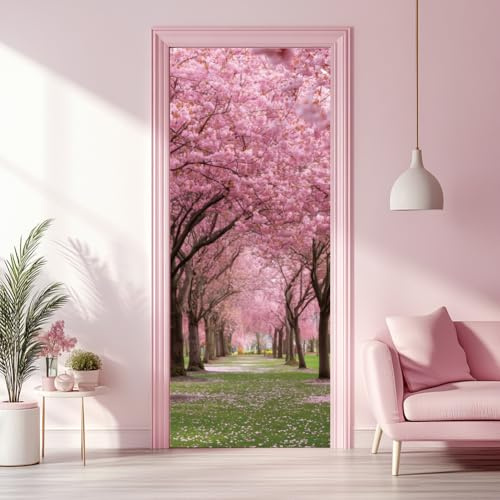 arricraft 2 Blatt Kirschblüten Selbstklebender Türaufkleber 80cm X 200cm /31.5x78.7 Zoll Rosa Blumen Gras Tür Wandbilder Aufkleber PVC Abnehmbare Tapeten Dekoration Für Schlafzimmer Wohnzimmer