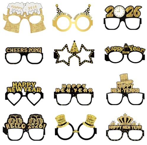 GAZIL 12 Stück Neujahrsbrillen 2026, Lustige Partybrillen aus Papier, Schwarz Gold Foto Requisiten, Happy New Year Accessoires für Silvesterfeier & Dekoration