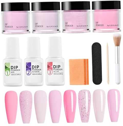 Kit de poudre de trempette à ongles 11 pcs 4 couleurs kit d'ongle en toute sécurité en peau comprend la base la base la la couche brosse