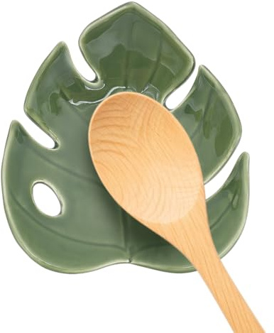 PLIGREAT Monstera Leaf Spoon Rest for Stove Top, Cooking Utensil Rest Ceramic Spoon Holder for Spatula Ladle Kitchen Counter Coffee Station Dining Table Decor Housewarming Gifts, Green