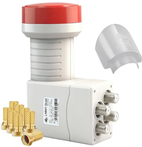 AB Quad LNB med väderskyddskåpa för 4 deltagare, 4K UHD LTE Protected LNC för satellit skål antenn, 4-vägs direktanslutning till satellitmottagare och TV, inkl. 8X förgyllda Nonic F-kontakt