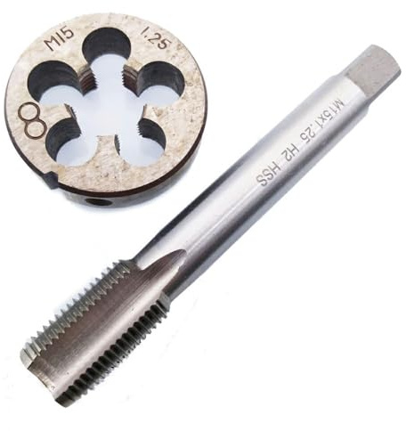 Lawnoval 1 x M15 x 1,25 mm HSS-Gewindebohrer und 1 x M15 x 1,25 mm Schneideisen aus Hochgeschwindigkeitsstahl (M2) metrisches Gewindewerkzeug für Rechtsgewinde, 90 mm langer Schaft