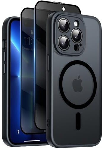 Qasyfanc for iPhone 13 Pro Max Case, Privacy Screen Protectors X2, Black | Compatible with MagSafe, Camera Protection, 15FT Military Drop Protection, Translucent Matte Shockproof Phone Cover