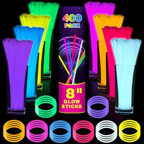 QuikMoprit 400 Pcs 8 inch Ultra Bright Glow Sticks Bulk Party Favors Pack,Christmas,Easter, Football, Birthday Decorations,Light Up Necklaces and Bracelets with 400 Connectors