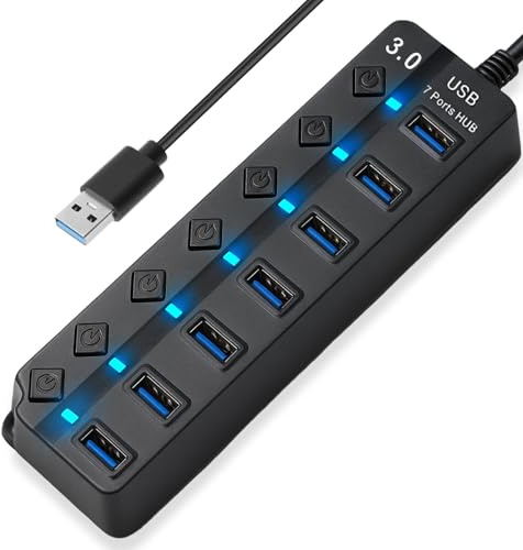 7-Port USB 3.0 Hub Multiport Splitter with Individual Switches and Lights | 5Gbps High-Speed Multiple Port USB Adapter Extension Hub with Extended Cable for Macbook PC Printer and More