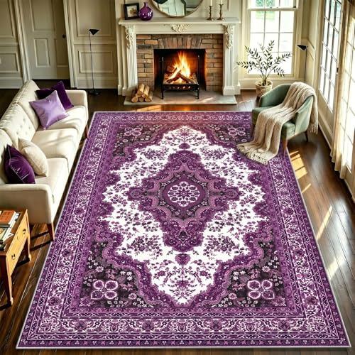 WUTONG Washable Purple Living Room Rugs 160x230 cm,Oriental Area Rug Vintage Lilac Medallion Bedroom Carpet,Soft Faux Cashmere Short Pile Distressed for Full Sitting Room