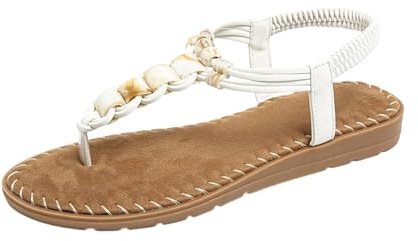 Nuoke sandalias,sandalias mujer planas, planas con tiras en T y cuentas para, con piedras preciosas de colores y elástico Blancas (White, 35)