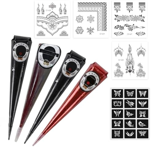 Henna Tattoo Set, Henna Braun Sommersprossen und Farbe, Temporäre Körperkunst für Festivals und Partys, Vier Farben mit Schablonen und Tattoo Aufklebern, Kreatives Design Experimentieren