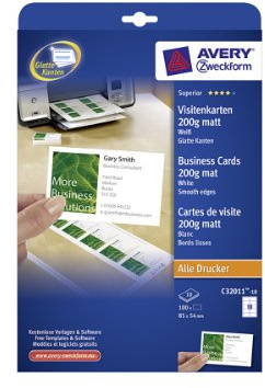 AVERY Zweckform C32011-10 Superior Visitenkarten, blanko (100 Stück, 200g, 85x54 mm, einseitig bedruckbar, matt weiß, absolut glatte Kanten, 10 Blatt) zum Selbstbedrucken auf allen Druckern