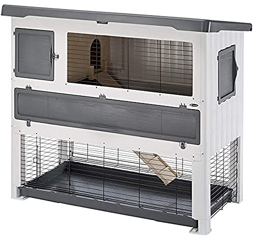 Ferplast Zweistöckiger Kaninchenstall im Freien Grand Lodge 140 Kaninchenkäfig Hasenstall Meerschweinchen und andere Kleintiere mit Zubehör und Kaninchenhaus, 134 x 73 x h 117 cm Grau
