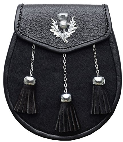 Écossais Montagnes Chardon Cuir Sporran Avec 3 Tassels, Noir