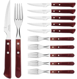 Tramontina Set di posate da bistecca Spanish Style, 12 pezzi, con 6 coltelli da bistecca e 6 forchette da bistecca, in acciaio inox, manico in vero legno rosso, FSC