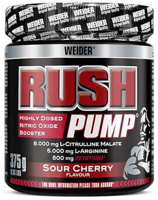 Weider Rush Pump (375g) Sour Cherry Flavour. Highly Dosed Nitric Oxide Booster, with Free Form Amino Acids, Inca Wheat Extract, Beetroot Powder, Vitamins and Minerals; with Oxystorm; Caffeine Free