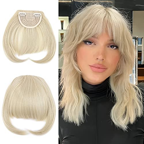 Elailite Flequillo Postizo Pelo Corto Clip Flequillos Falso (sienes 22cm) 1 Pieza 2 Clip en Postizos para Mujer # Rubio Cenizo/Rubio Pálido