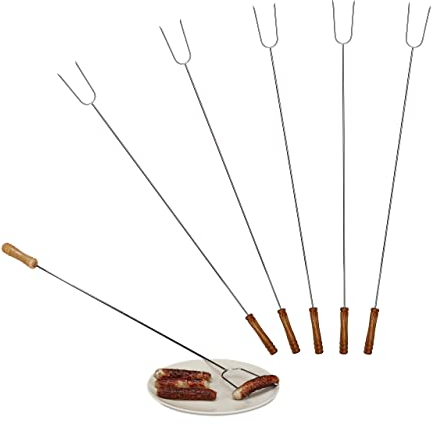 Relaxdays Spiedi da Barbecue, Set da 6 Forchettoni con Manico in Legno, Universali, L:80 cm, acciaio, argento/naturale