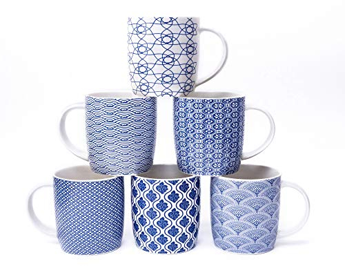 MACHUMA Set of 6 Coffee Mugs 340 ML/11.5 oz with Blue and White Geometric Patterns, Ceramic Tea Cup Set 6 Pack