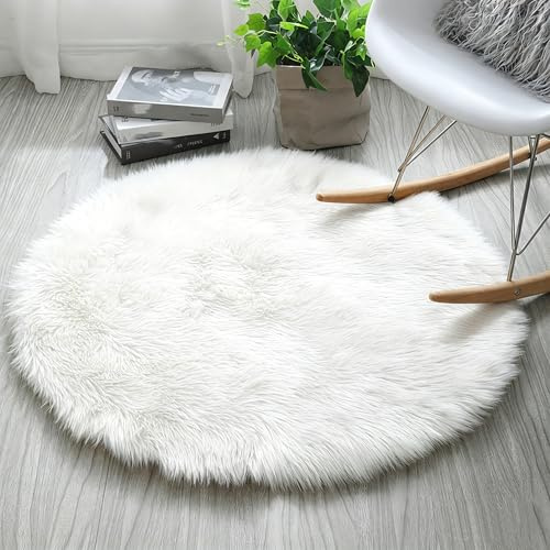 HARESLE Tappeti Rotondi in Pelle Di Agnello, Tappeti Rotondi in Pelle Di Agnello, Tappeto Antiscivolo Per La Camera Da Letto, Tappeto Soggiorno Super Morbidi (Bianco, 120 cm/47 Pollici)