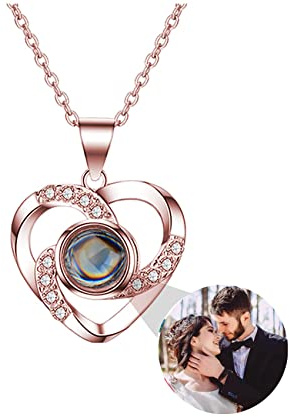 Personalisierte benutzerdefinierte Foto ich liebe dich Halskette Silber Rose Gold 100 Sprachen Projektion Anhänger Schmuck Geschenk für Mutter Frauen Frau Muttertag Halskette(Rose gold 20)