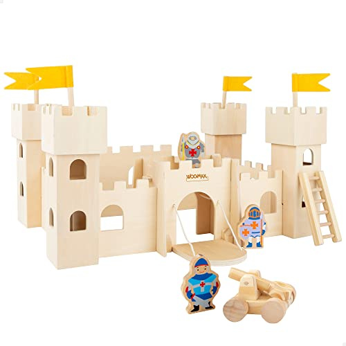 WOOMAX Castillo Medieval Madera Juguete, 47.5 x 31 x 29 cm, 24 Piezas, Juguetes de Construcción, +3 Años, 49372