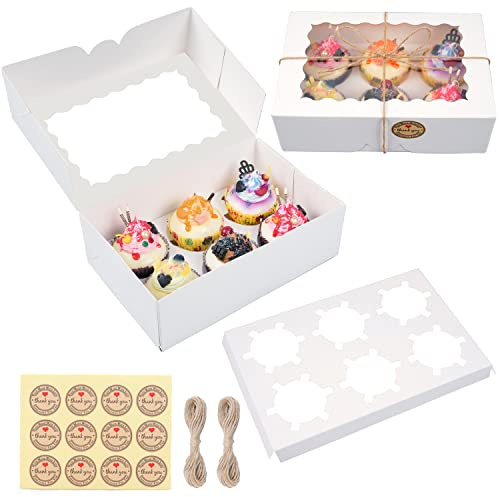 MAMUNU 10 Stück Cupcake Box, 6 Löcher Cupcake Muffin Box mit Fenster und Einsätzen, Weiß Muffin Box mit Seil und Aufklebern, Muffin Transportbox für Cupcakes, Kekse, Muffins