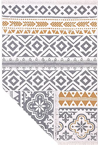 Jimri Alfombra de Pasillo - alfombras para salón, Dormitorio, Cocina, habitación Infantil, baño - Alfombra Boho Kelim - Ceramic Light Grey Gold, 160 x 230 cm