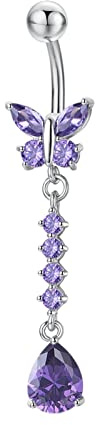 AMDXD Bauchnabelpiercing Lila, mit Schmetterling Tropfen Träne Anhänger Bananabell Piercing mit Lila Zirkonia aus Edelstahl, Körper Schmuck für Frauen Mädchen 52.5MM