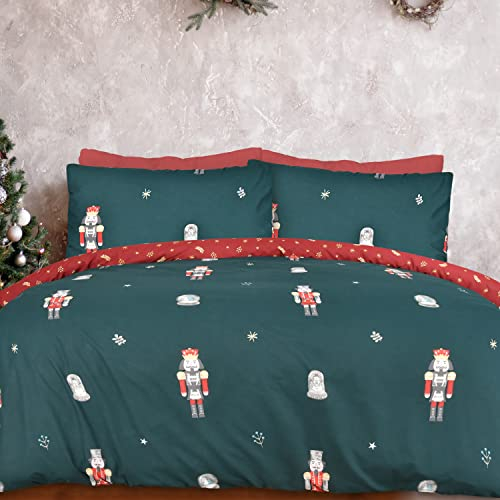 Sleepdown Xmas Nutcracker Green Wine Festive Reversible Duvet Cover Quilt Bedding Set with Pillowcase Soft Easy Care Bed Linen - Single (135cm x 200cm), 5056557512621