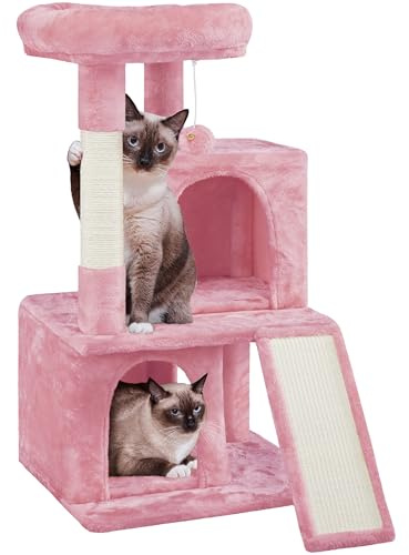 Yaheetech 3 Niveles Árbol Rascador para Gatos 49x45,5x92 cm Actividades para Gatos con Casas para Gato Plataforma y Poste Tablero para Rascar Rosa