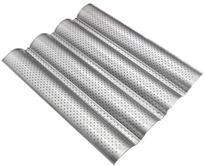 TopHomer 4 Troughs Baguette Baking Tray, Non-Stick Loaf Baking Molds Pan, Baguette Tin Perforated French Bread Pan for Baking (Silver)