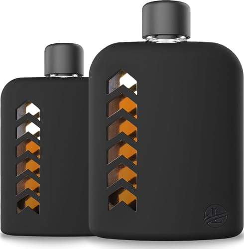 Le’raze Multi Size Glass Flask Set - Includes Metal & Plastic Lids with Cork & Silicone Seals, Funnel, Protective Silicone Sleeve - Drinking Hip Flask Bottle Gift Set for Whiskey, Liquor, Alcohol.