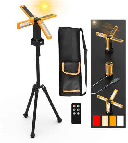 13200 mAh Wiederaufladbare Solar Baustrahler Led mit Stativ mit Fernbedienung, Stufenlos Dimmbar Weiß/Warm/Naturweiß/ROT (SOS) Akku Strahler mit Abnehmbarem Stativ(Orange mit Fernbedienung)