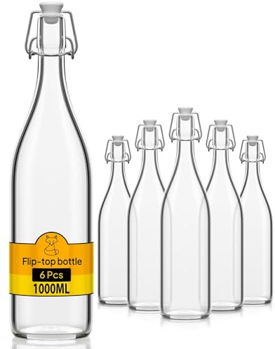 Flaschen-Fuchs Set di 6 Bottiglie in Vetro da 1L con Chiusura Ermetica - Bottiglia per Olio, Vino, Liquori, Acqua, Birra, Succhi di Frutta, Conserve e Latte - Bottigliette di Vetro piccole