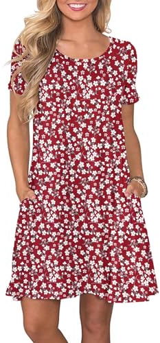 AUSELILY Sommarklänningar för kvinnor vardaglig t-shirt kortärmad klänning lös gunga kort klänning med fickor, Blommig röd, L