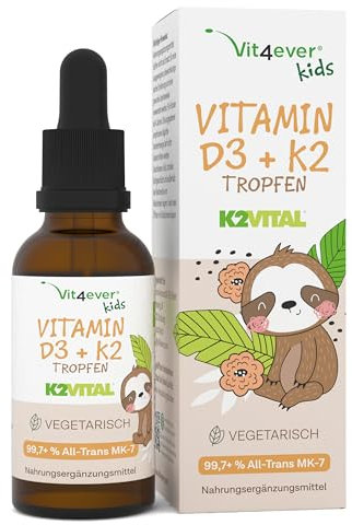vit4ever Vitamin D3 K2 Tropfen für Kinder für 300 Tage (10 Monate) - 500 I.E. Vitamin D & 25 μg Vitamin K2 - Hoch bioverfügbar durch Original K2VITAL® - Ohne schädliche Zusätze - Vitamine für Kids